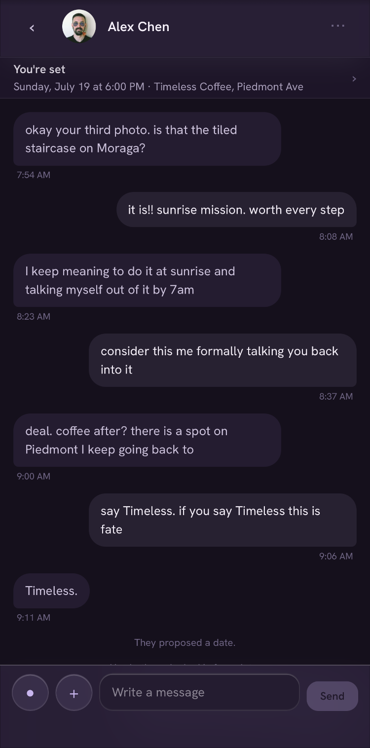 An accepted date proposal in a conversation thread, its countdown replaced by a calendar chip.